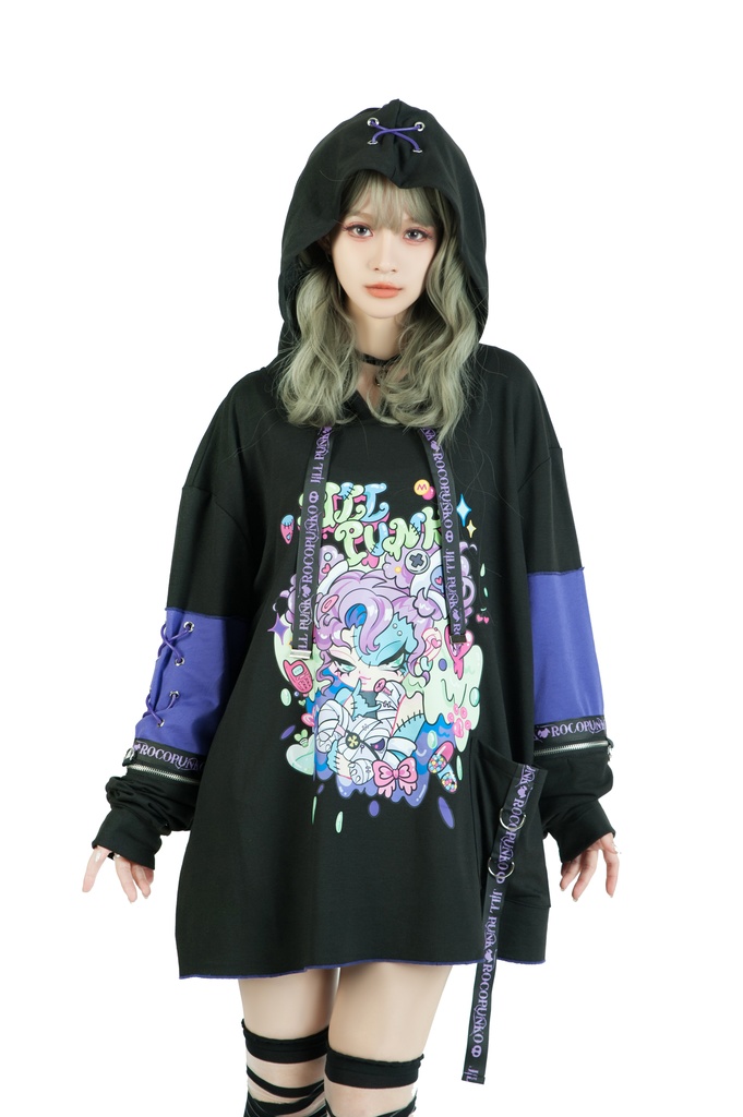 Jillpunk 地雷系 ダーク 病みかわ 派手かわ 原宿ファッション ゾンビガール 取り外し可能袖 ゆったり 飾り縫い 半袖 パーカーオリジナル 可愛い おしゃれ 男女兼用 秋葉系