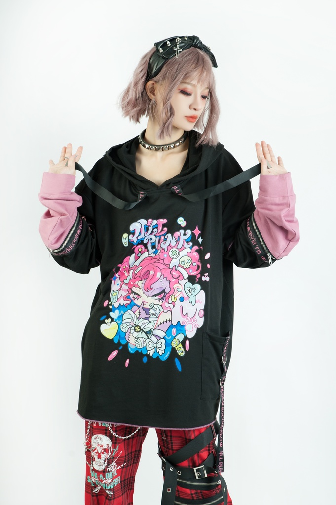 Jillpunk 地雷系 ダーク 病みかわ 派手かわ 原宿ファッション ゾンビガール 取り外し可能袖 ゆったり 飾り縫い 半袖 パーカーオリジナル 可愛い おしゃれ 男女兼用 秋葉系