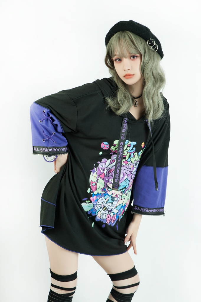 Jillpunk 地雷系 ダーク 病みかわ 派手かわ 原宿ファッション ゾンビガール 取り外し可能袖 ゆったり 飾り縫い 半袖 パーカーオリジナル 可愛い おしゃれ 男女兼用 秋葉系