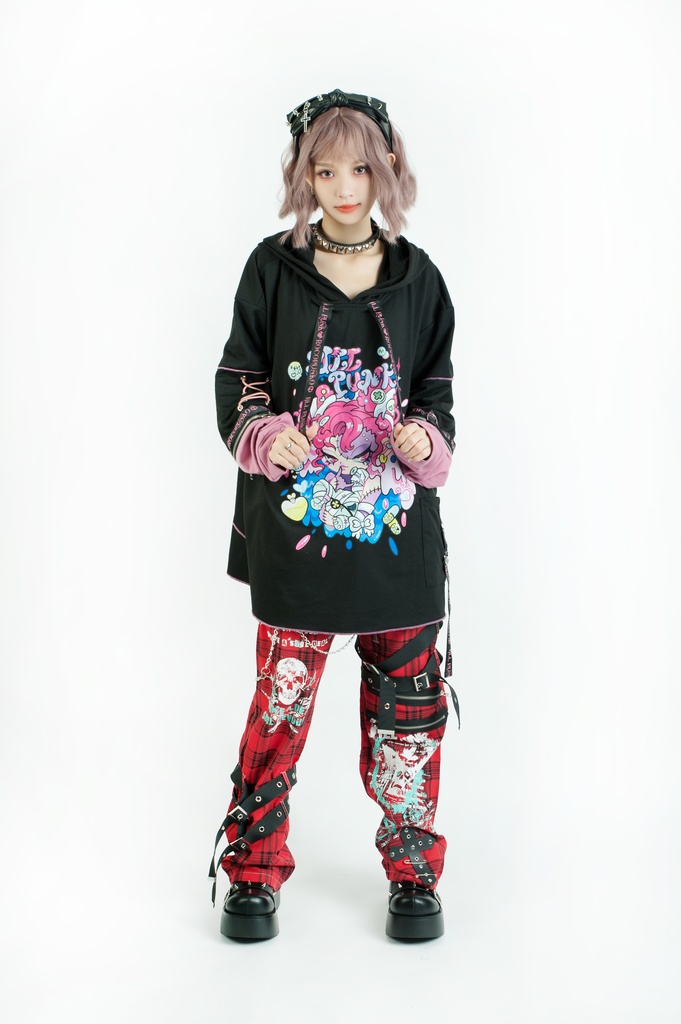 Jillpunk 地雷系 ダーク 病みかわ 派手かわ 原宿ファッション ゾンビガール 取り外し可能袖 ゆったり 飾り縫い 半袖 パーカーオリジナル 可愛い おしゃれ 男女兼用 秋葉系