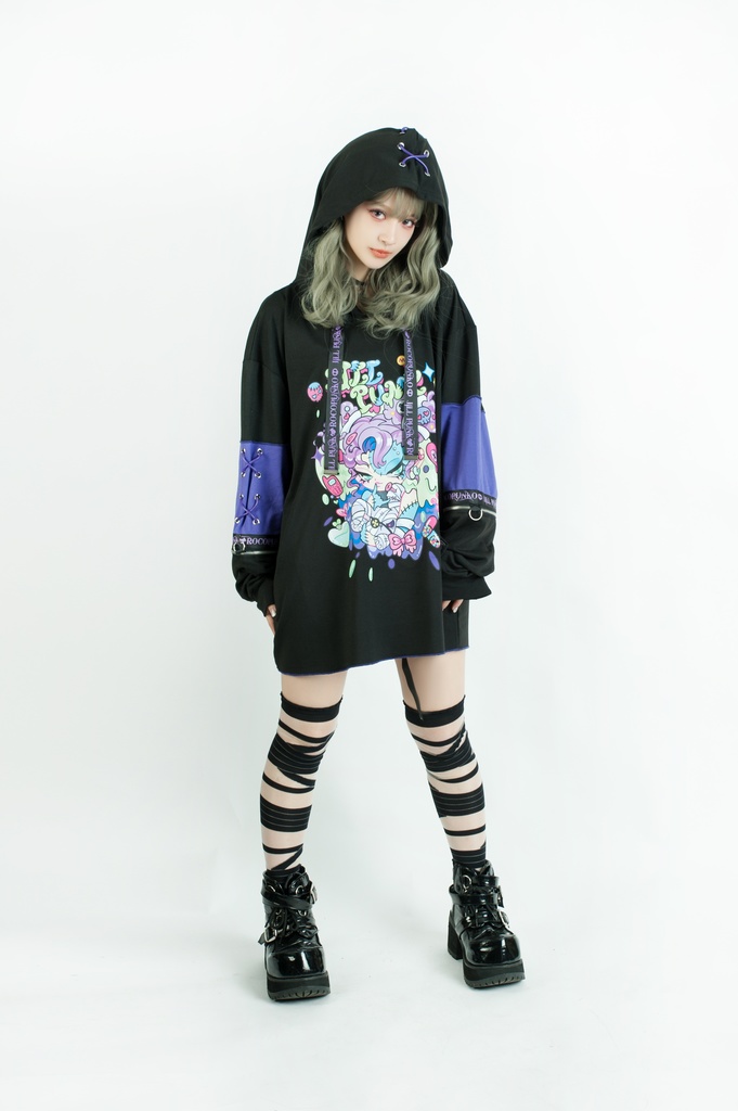 Jillpunk 地雷系 ダーク 病みかわ 派手かわ 原宿ファッション ゾンビガール 取り外し可能袖 ゆったり 飾り縫い 半袖 パーカーオリジナル 可愛い おしゃれ 男女兼用 秋葉系