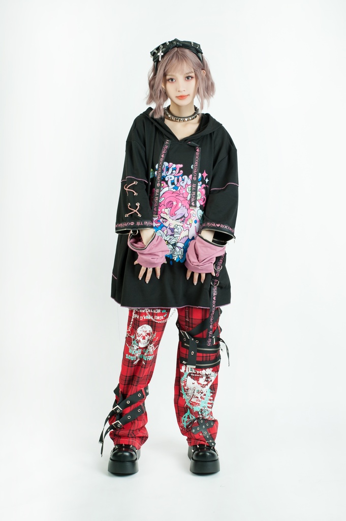 Jillpunk 地雷系 ダーク 病みかわ 派手かわ 原宿ファッション ゾンビガール 取り外し可能袖 ゆったり 飾り縫い 半袖 パーカーオリジナル 可愛い おしゃれ 男女兼用 秋葉系