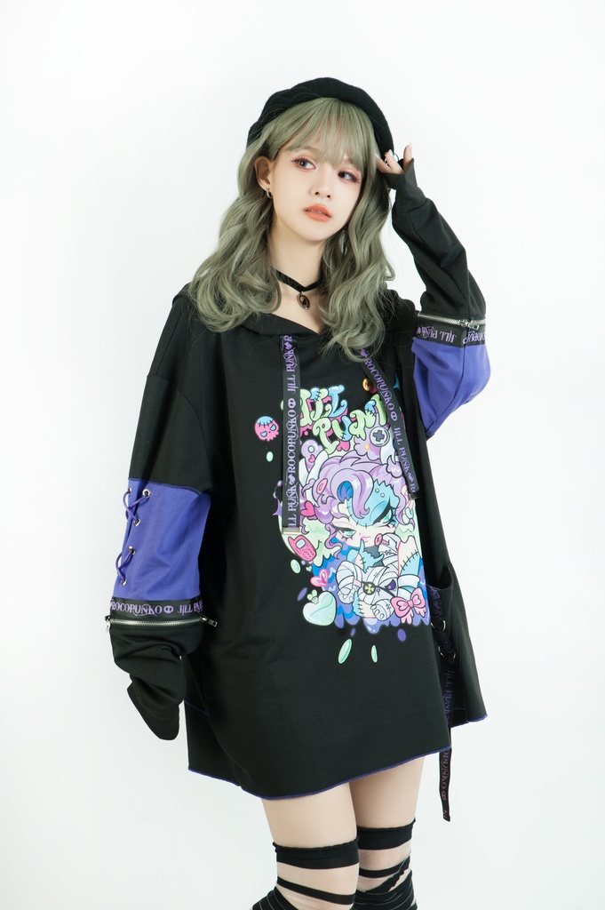 Jillpunk 地雷系 ダーク 病みかわ 派手かわ 原宿ファッション ゾンビガール 取り外し可能袖 ゆったり 飾り縫い 半袖 パーカーオリジナル 可愛い おしゃれ 男女兼用 秋葉系