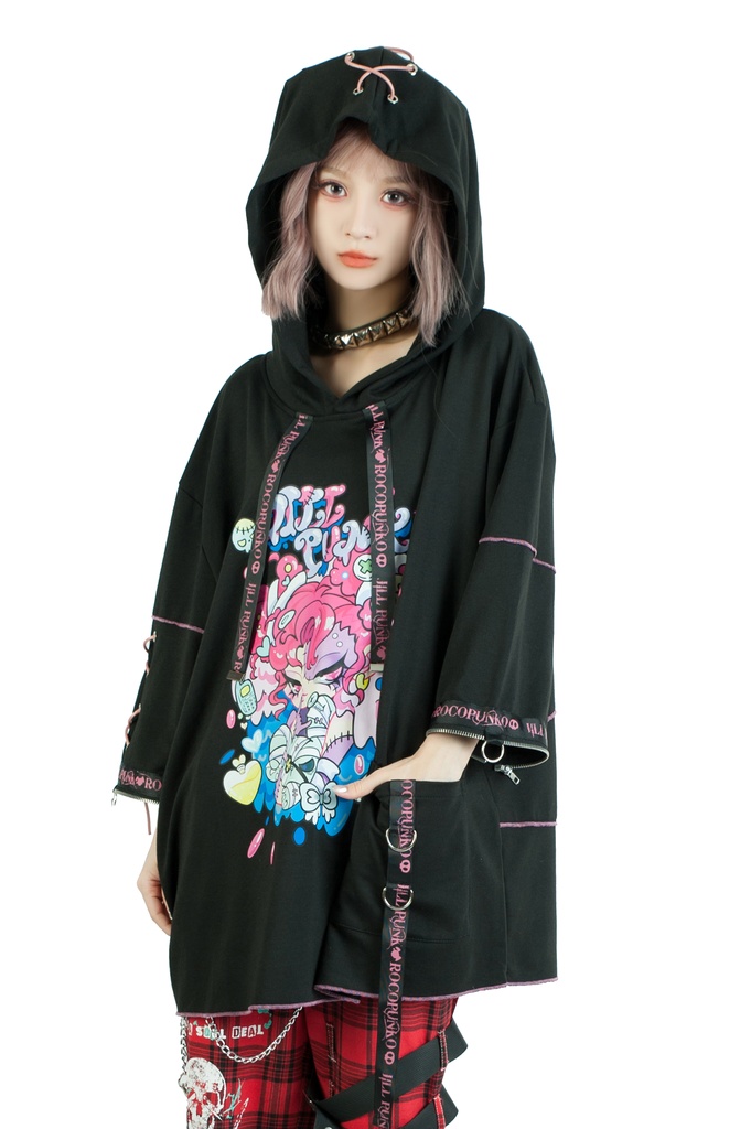 Jillpunk 地雷系 ダーク 病みかわ 派手かわ 原宿ファッション ゾンビガール 取り外し可能袖 ゆったり 飾り縫い 半袖 パーカーオリジナル 可愛い おしゃれ 男女兼用 秋葉系