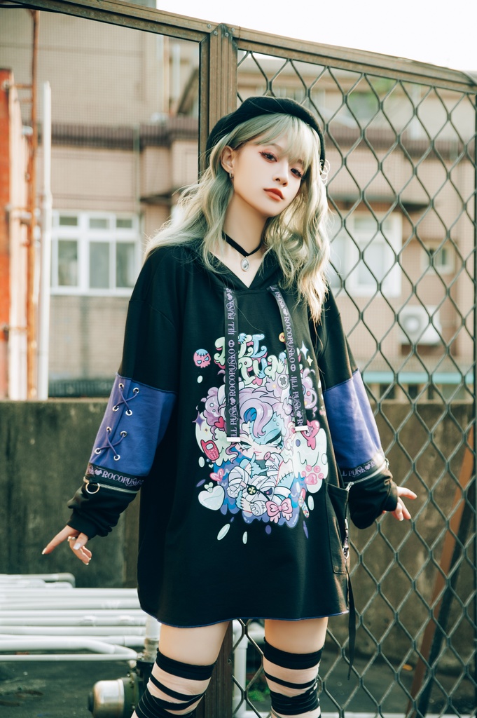 Jillpunk 地雷系 ダーク 病みかわ 派手かわ 原宿ファッション ゾンビガール 取り外し可能袖 ゆったり 飾り縫い 半袖 パーカーオリジナル 可愛い おしゃれ 男女兼用 秋葉系