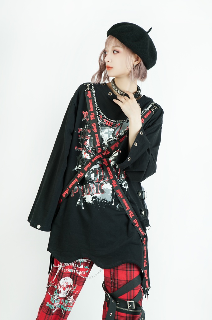 Jillpunk 王道パンク ロック エモパンク 三界バンギャ 兄系ファッション ベスト重ね着風 両面着れる ネックレス ハーネス付き カットソー 長袖Tシャツ メンズ レディーズ V系 おしゃれ男女兼用カッコいい