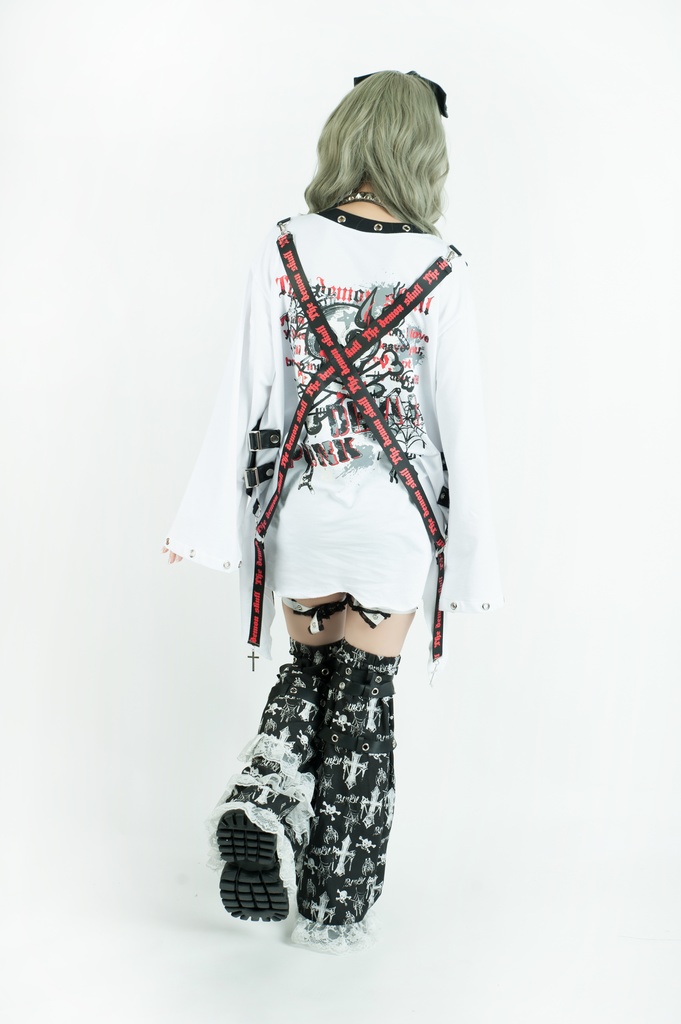 Jillpunk 王道パンク ロック エモパンク 三界バンギャ 兄系ファッション ベスト重ね着風 両面着れる ネックレス ハーネス付き カットソー 長袖Tシャツ メンズ レディーズ V系 おしゃれ男女兼用カッコいい
