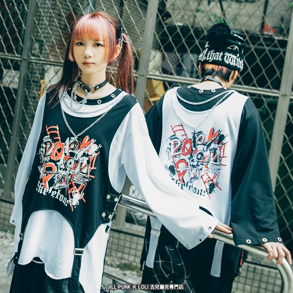 Jillpunk 王道パンク ロック エモパンク 三界バンギャ 兄系ファッション ベスト重ね着風 両面着れる ネックレス ハーネス付き カットソー 長袖Tシャツ メンズ レディーズ V系 おしゃれ男女兼用カッコいい