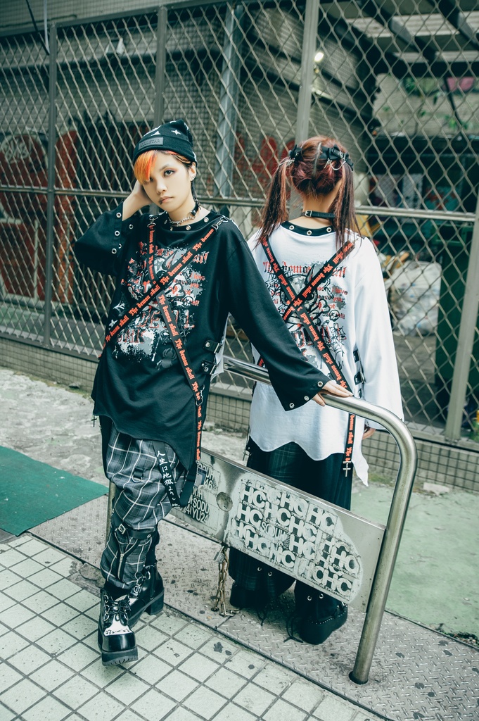 Jillpunk 王道パンク ロック エモパンク 三界バンギャ 兄系ファッション ベスト重ね着風 両面着れる ネックレス ハーネス付き カットソー 長袖Tシャツ メンズ レディーズ V系 おしゃれ男女兼用カッコいい
