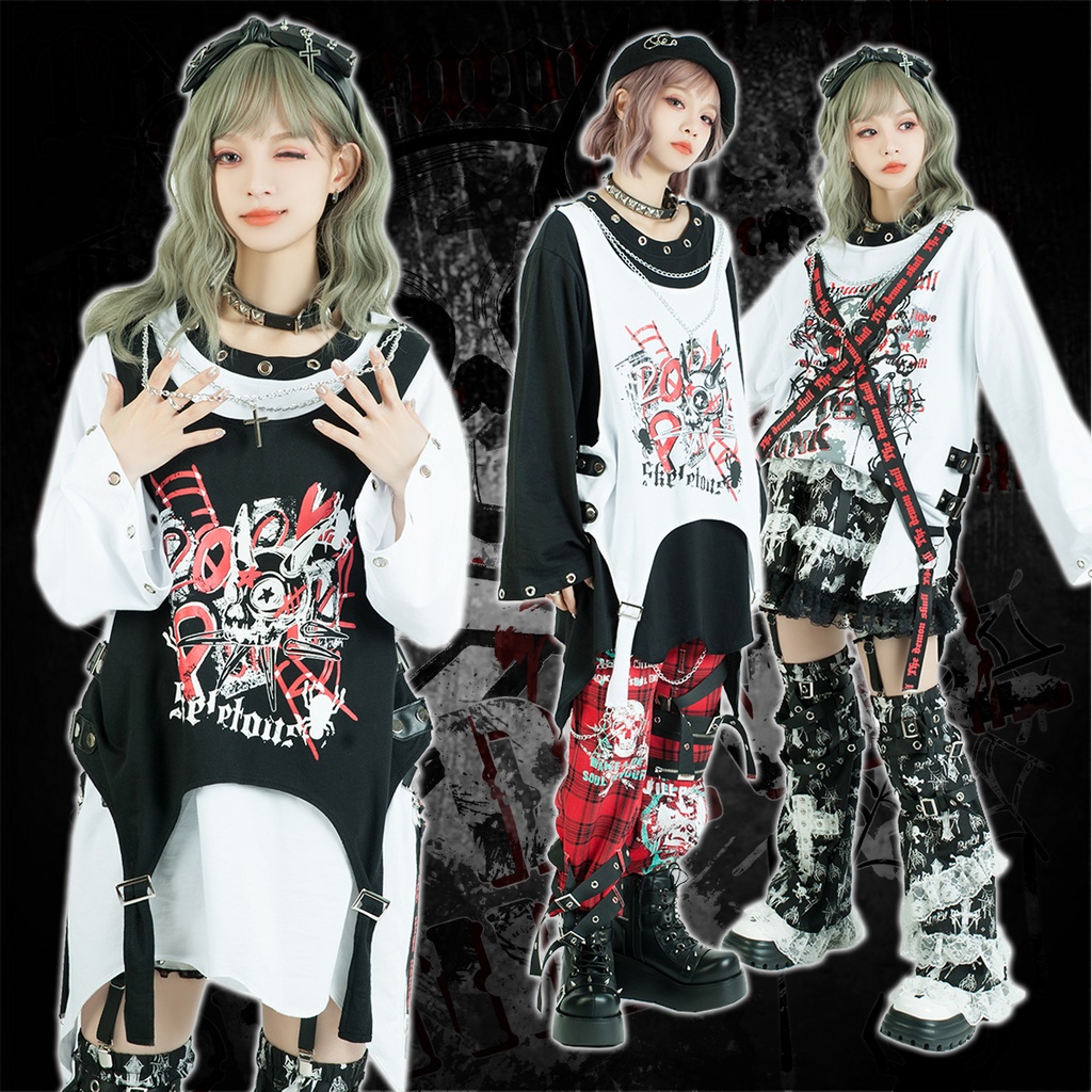 Jillpunk 王道パンク ロック エモパンク 三界バンギャ 兄系ファッション ベスト重ね着風 両面着れる ネックレス ハーネス付き カットソー 長袖Tシャツ メンズ レディーズ V系 おしゃれ男女兼用カッコいい