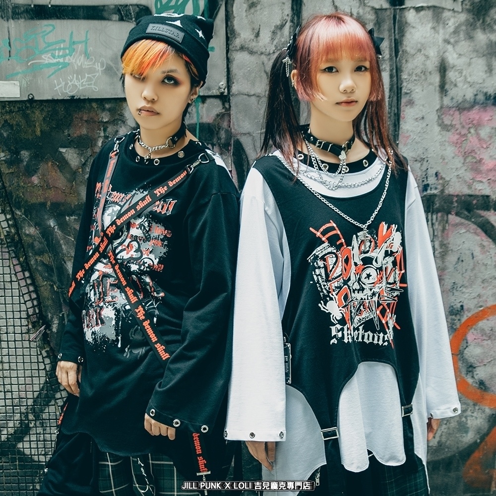 Jillpunk 王道パンク ロック エモパンク 三界バンギャ 兄系ファッション ベスト重ね着風 両面着れる ネックレス ハーネス付き カットソー 長袖Tシャツ メンズ レディーズ V系 おしゃれ男女兼用カッコいい