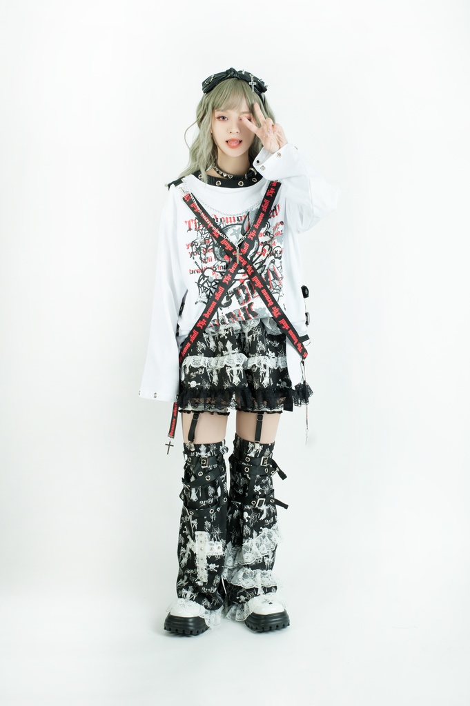 Jillpunk 王道パンク ロック エモパンク 三界バンギャ 兄系ファッション ベスト重ね着風 両面着れる ネックレス ハーネス付き カットソー 長袖Tシャツ メンズ レディーズ V系 おしゃれ男女兼用カッコいい