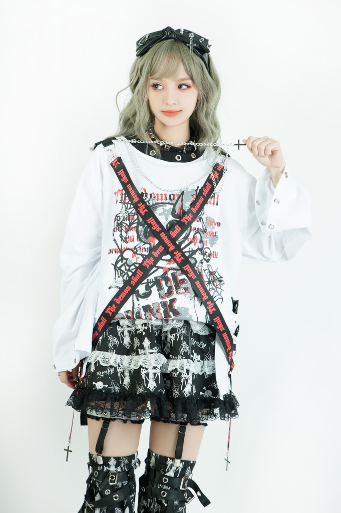 Jillpunk 王道パンク ロック エモパンク 三界バンギャ 兄系ファッション ベスト重ね着風 両面着れる ネックレス ハーネス付き カットソー 長袖Tシャツ メンズ レディーズ V系 おしゃれ男女兼用カッコいい