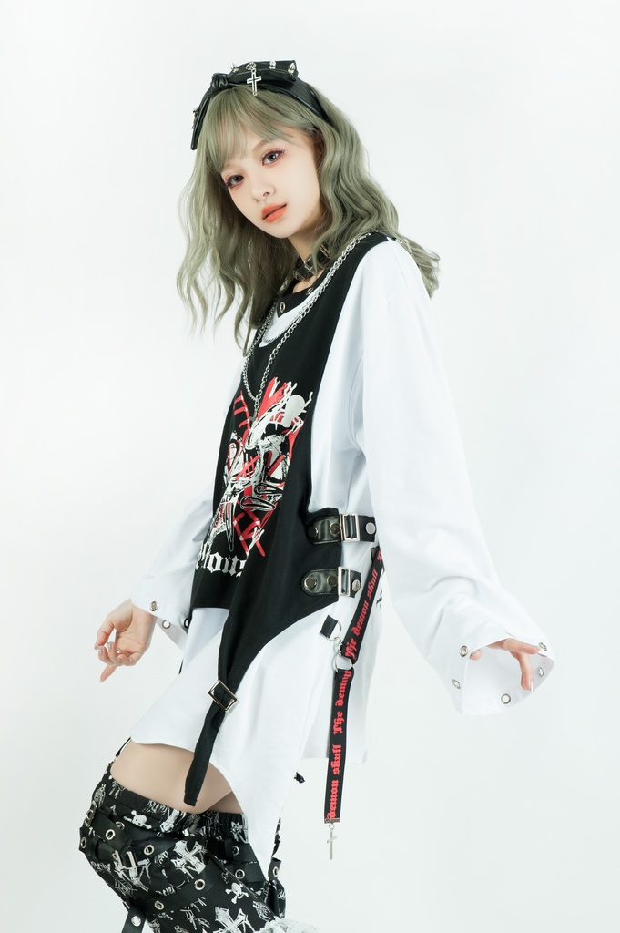 Jillpunk 王道パンク ロック エモパンク 三界バンギャ 兄系ファッション ベスト重ね着風 両面着れる ネックレス ハーネス付き カットソー 長袖Tシャツ メンズ レディーズ V系 おしゃれ男女兼用カッコいい