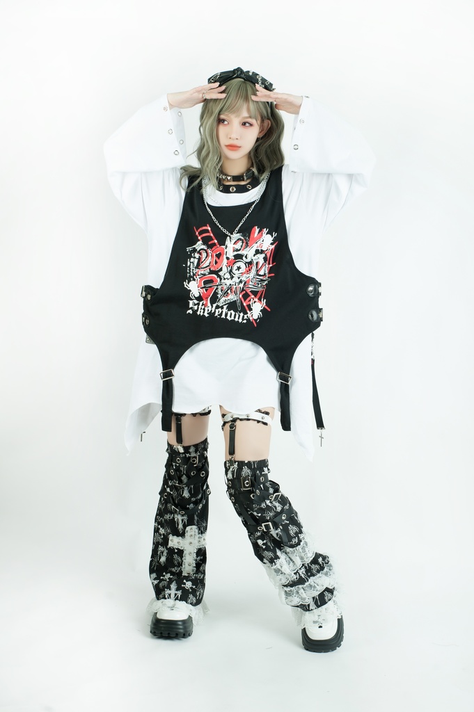 Jillpunk 王道パンク ロック エモパンク 三界バンギャ 兄系ファッション ベスト重ね着風 両面着れる ネックレス ハーネス付き カットソー 長袖Tシャツ メンズ レディーズ V系 おしゃれ男女兼用カッコいい