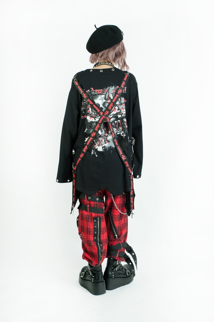 Jillpunk 王道パンク ロック エモパンク 三界バンギャ 兄系ファッション ベスト重ね着風 両面着れる ネックレス ハーネス付き カットソー 長袖Tシャツ メンズ レディーズ V系 おしゃれ男女兼用カッコいい