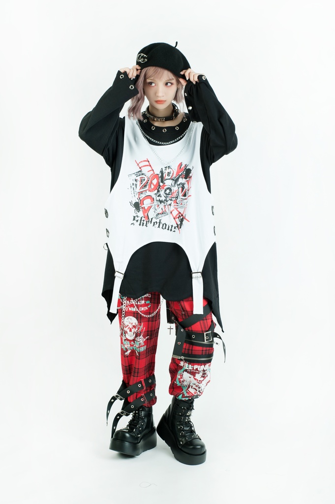 Jillpunk 王道パンク ロック エモパンク 三界バンギャ 兄系ファッション ベスト重ね着風 両面着れる ネックレス ハーネス付き カットソー 長袖Tシャツ メンズ レディーズ V系 おしゃれ男女兼用カッコいい