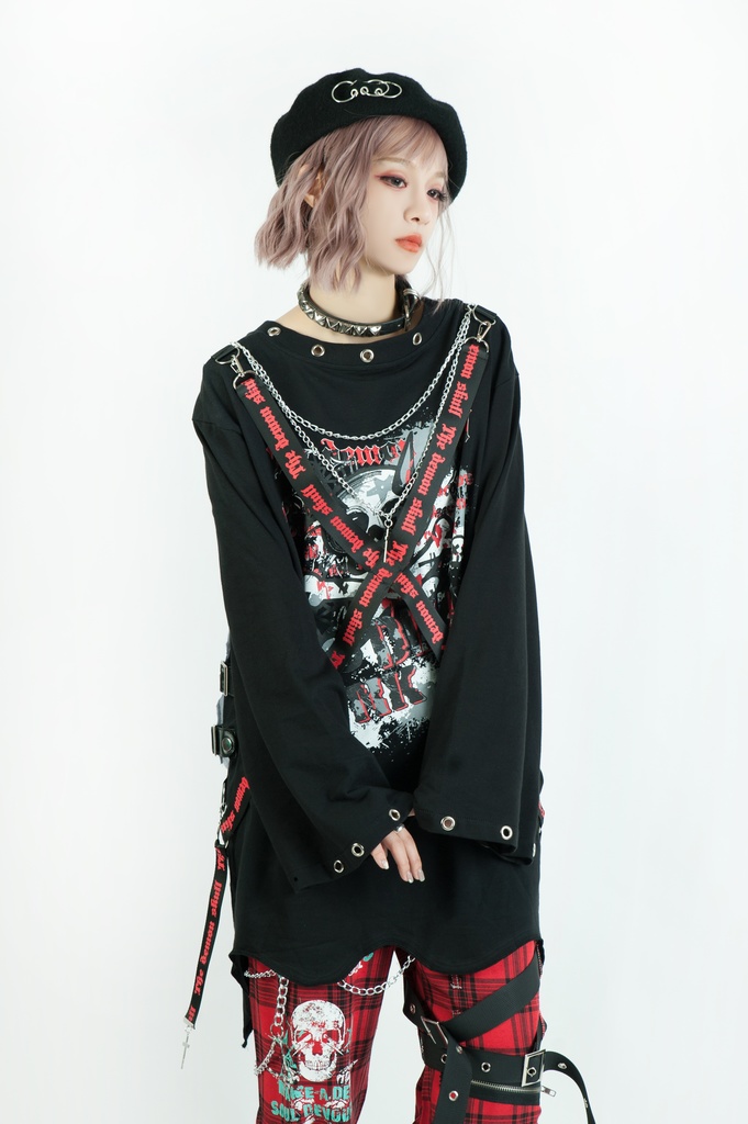 Jillpunk 王道パンク ロック エモパンク 三界バンギャ 兄系ファッション ベスト重ね着風 両面着れる ネックレス ハーネス付き カットソー 長袖Tシャツ メンズ レディーズ V系 おしゃれ男女兼用カッコいい