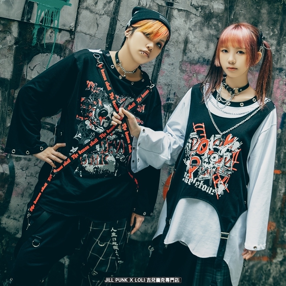Jillpunk 王道パンク ロック エモパンク 三界バンギャ 兄系ファッション ベスト重ね着風 両面着れる ネックレス ハーネス付き カットソー 長袖Tシャツ メンズ レディーズ V系 おしゃれ男女兼用カッコいい