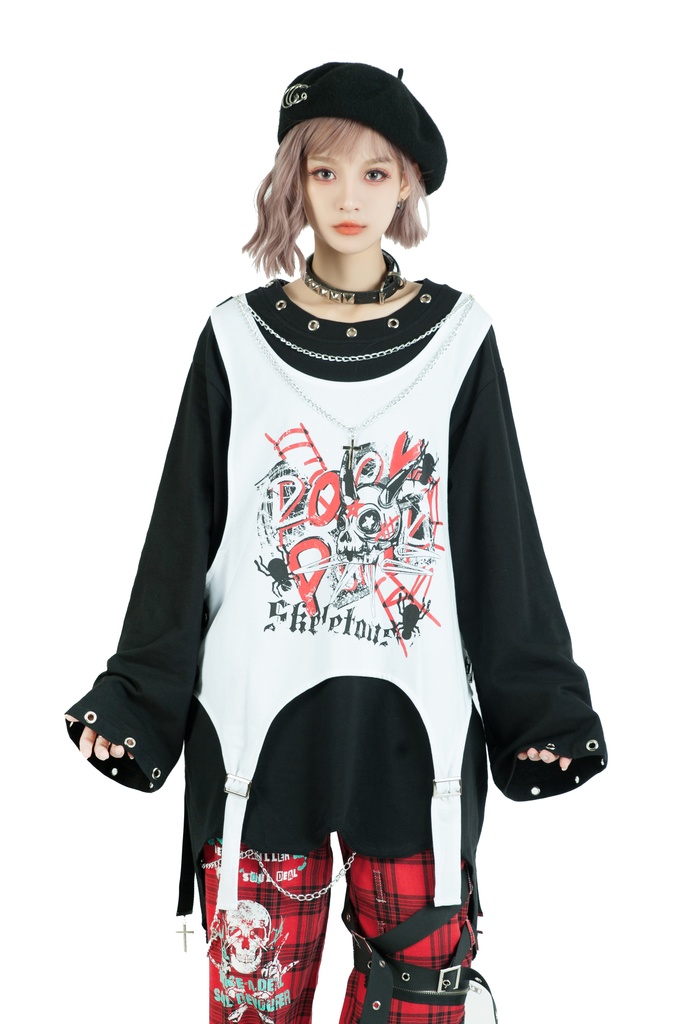 Jillpunk 王道パンク ロック エモパンク 三界バンギャ 兄系ファッション ベスト重ね着風 両面着れる ネックレス ハーネス付き カットソー 長袖Tシャツ メンズ レディーズ V系 おしゃれ男女兼用カッコいい