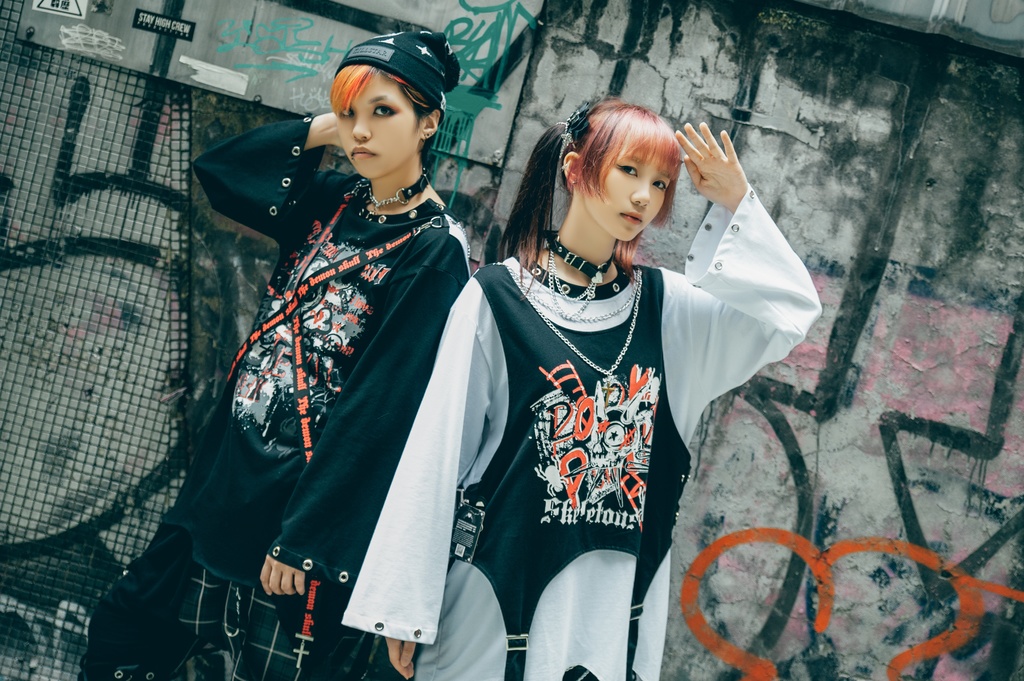Jillpunk 王道パンク ロック エモパンク 三界バンギャ 兄系ファッション ベスト重ね着風 両面着れる ネックレス ハーネス付き カットソー 長袖Tシャツ メンズ レディーズ V系 おしゃれ男女兼用カッコいい