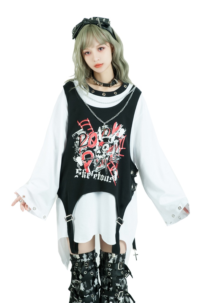 Jillpunk 王道パンク ロック エモパンク 三界バンギャ 兄系ファッション ベスト重ね着風 両面着れる ネックレス ハーネス付き カットソー 長袖Tシャツ メンズ レディーズ V系 おしゃれ男女兼用カッコいい