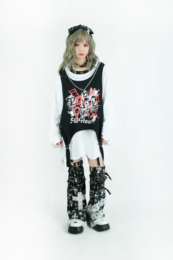 Jillpunk 王道パンク ロック エモパンク 三界バンギャ 兄系ファッション ベスト重ね着風 両面着れる ネックレス ハーネス付き カットソー 長袖Tシャツ メンズ レディーズ V系 おしゃれ男女兼用カッコいい