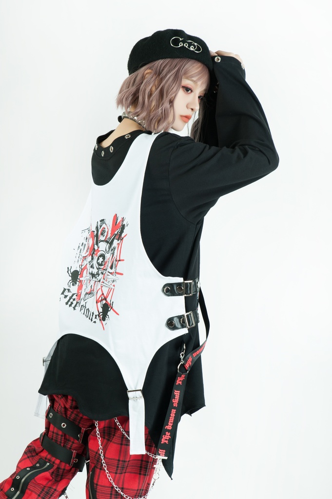 Jillpunk 王道パンク ロック エモパンク 三界バンギャ 兄系ファッション ベスト重ね着風 両面着れる ネックレス ハーネス付き カットソー 長袖Tシャツ メンズ レディーズ V系 おしゃれ男女兼用カッコいい