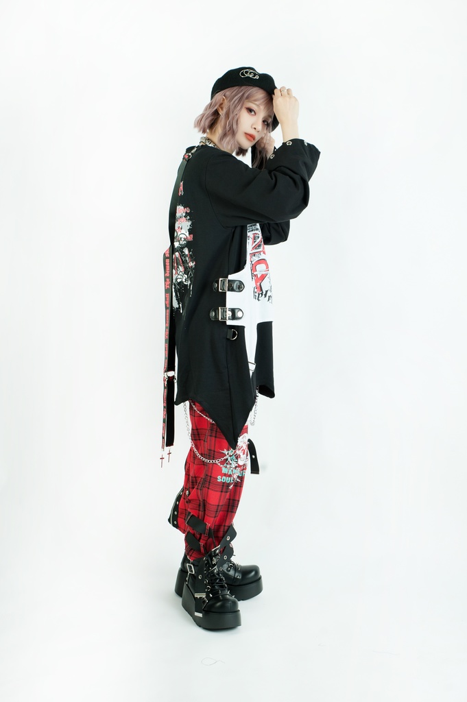 Jillpunk 王道パンク ロック エモパンク 三界バンギャ 兄系ファッション ベスト重ね着風 両面着れる ネックレス ハーネス付き カットソー 長袖Tシャツ メンズ レディーズ V系 おしゃれ男女兼用カッコいい