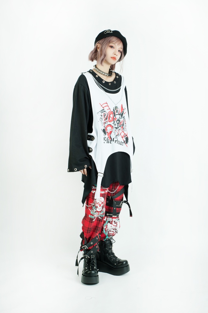 Jillpunk 王道パンク ロック エモパンク 三界バンギャ 兄系ファッション ベスト重ね着風 両面着れる ネックレス ハーネス付き カットソー 長袖Tシャツ メンズ レディーズ V系 おしゃれ男女兼用カッコいい