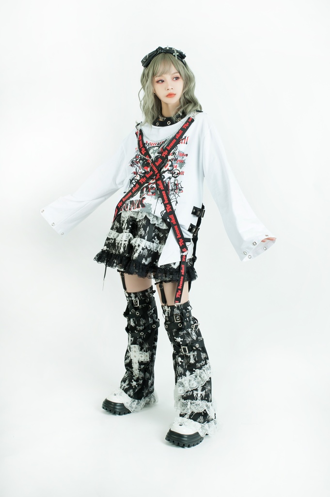 Jillpunk 王道パンク ロック エモパンク 三界バンギャ 兄系ファッション ベスト重ね着風 両面着れる ネックレス ハーネス付き カットソー 長袖Tシャツ メンズ レディーズ V系 おしゃれ男女兼用カッコいい