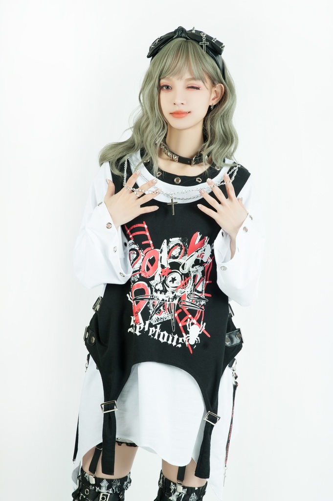Jillpunk 王道パンク ロック エモパンク 三界バンギャ 兄系ファッション ベスト重ね着風 両面着れる ネックレス ハーネス付き カットソー 長袖Tシャツ メンズ レディーズ V系 おしゃれ男女兼用カッコいい
