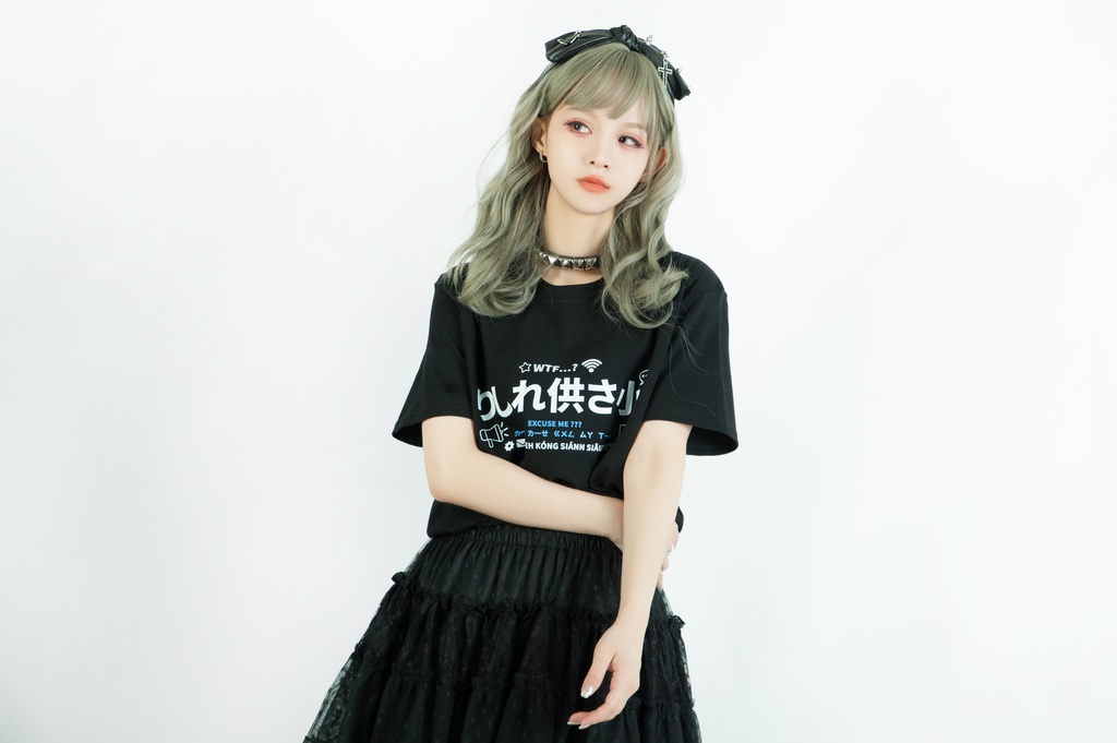 Jillpunk 二次コン 偽日本語 りしれ供さ小=いい加減しなさい 超かわいい お宅 顔文字 仮名漢字プリント ゆったり 100%綿 半袖Tシャツ オリジナル メンズ レディー おしゃれ大きいサイズ男女兼用ファッション秋葉系