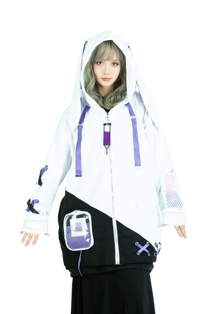 Jillpunk台湾画師千千菟コラボ メンヘラ ヤンデレ 地雷系 病みカワ 派手カワ 二次コン 注射器チャーム 子うさぎ依存症 痛バッグ付き 兎耳パーカー ゆったりフード付きジャケット オリジナル 可愛い おしゃれ ファッション 秋葉系