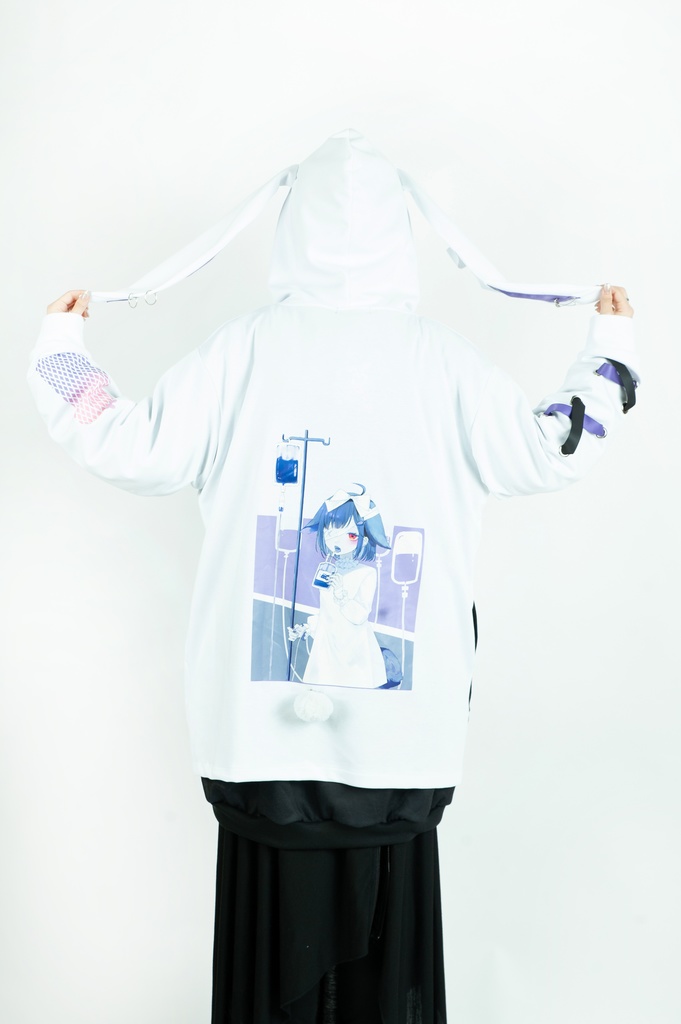 Jillpunk台湾画師千千菟コラボ メンヘラ ヤンデレ 地雷系 病みカワ 派手カワ 二次コン 注射器チャーム 子うさぎ依存症 痛バッグ付き 兎耳パーカー ゆったりフード付きジャケット オリジナル 可愛い おしゃれ ファッション 秋葉系