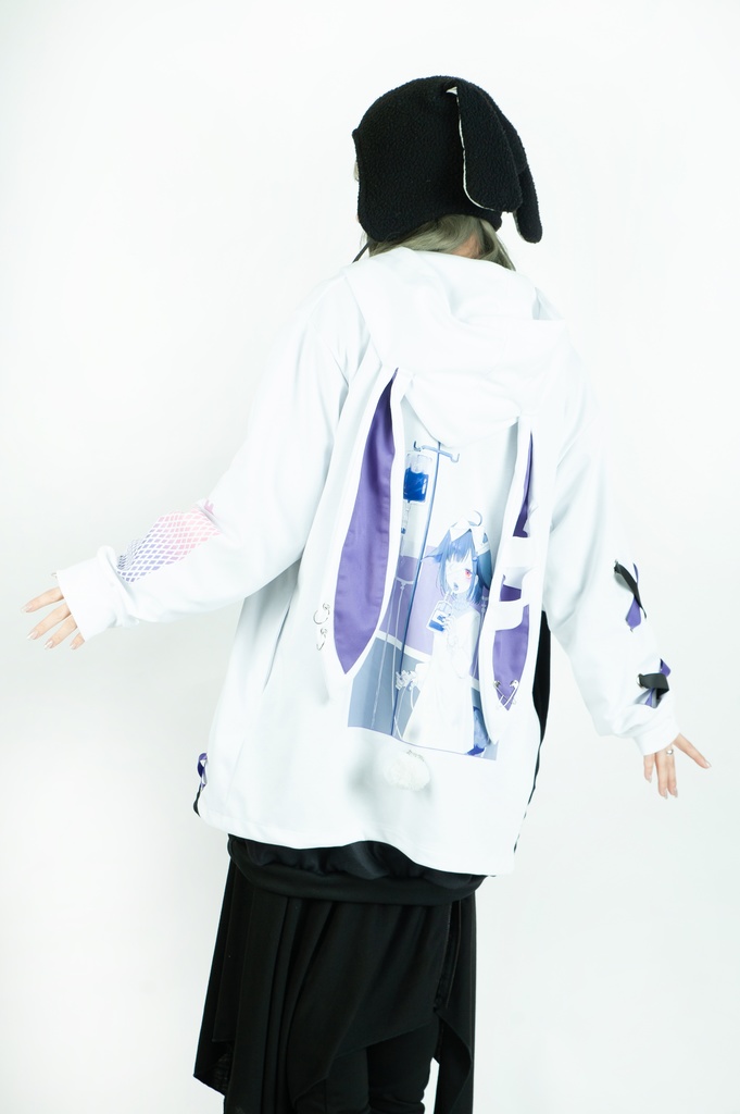 Jillpunk台湾画師千千菟コラボ メンヘラ ヤンデレ 地雷系 病みカワ 派手カワ 二次コン 注射器チャーム 子うさぎ依存症 痛バッグ付き 兎耳パーカー ゆったりフード付きジャケット オリジナル 可愛い おしゃれ ファッション 秋葉系