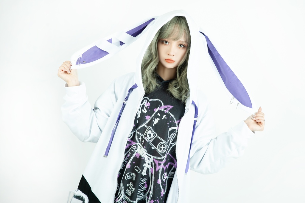 Jillpunk台湾画師千千菟コラボ メンヘラ ヤンデレ 地雷系 病みカワ 派手カワ 二次コン 注射器チャーム 子うさぎ依存症 痛バッグ付き 兎耳パーカー ゆったりフード付きジャケット オリジナル 可愛い おしゃれ ファッション 秋葉系