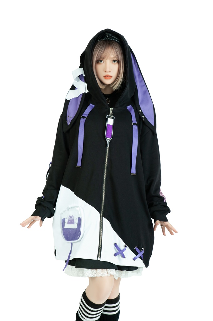 Jillpunk台湾画師千千菟コラボ メンヘラ ヤンデレ 地雷系 病みカワ 派手カワ 二次コン 注射器チャーム 子うさぎ依存症 痛バッグ付き 兎耳パーカー ゆったりフード付きジャケット オリジナル 可愛い おしゃれ ファッション 秋葉系