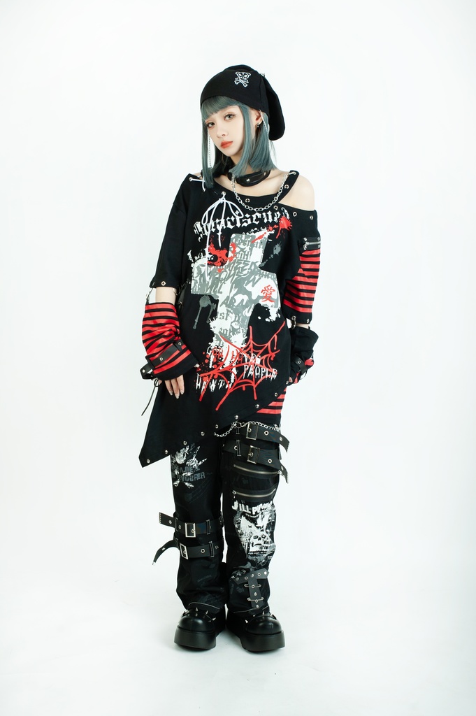 Jillpunk ビジュアル系 パンクロック バンギャ 兄系 囚われの愛 十字架ボーダー柄 アシンメトリー アームカバー チョーカー付き 変形カットソー 半袖Tシャツ メンズ レディーズ ファッション おしゃれ男女兼用カッコいい