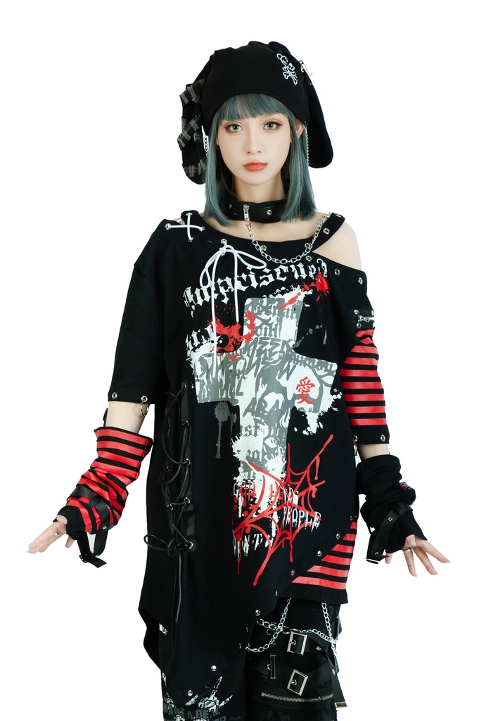 Jillpunk ビジュアル系 パンクロック バンギャ 兄系 囚われの愛 十字架ボーダー柄 アシンメトリー アームカバー チョーカー付き 変形カットソー 半袖Tシャツ メンズ レディーズ ファッション おしゃれ男女兼用カッコいい