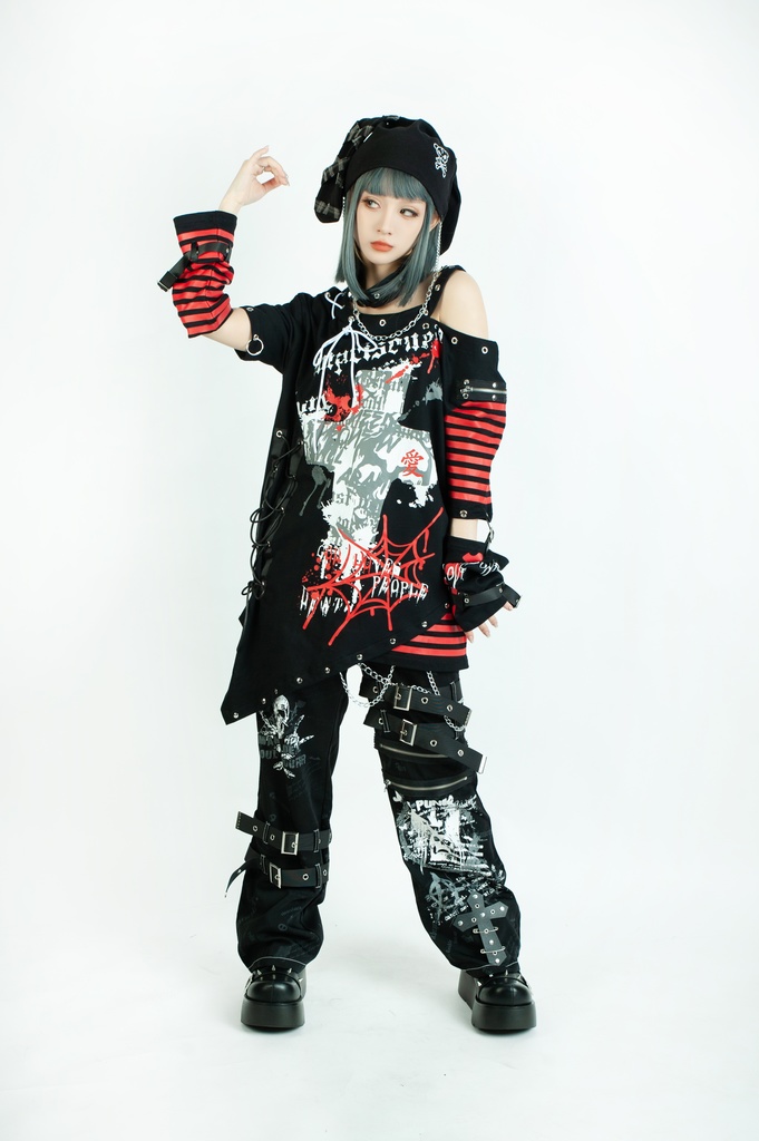 Jillpunk ビジュアル系 パンクロック バンギャ 兄系 囚われの愛 十字架ボーダー柄 アシンメトリー アームカバー チョーカー付き 変形カットソー 半袖Tシャツ メンズ レディーズ ファッション おしゃれ男女兼用カッコいい