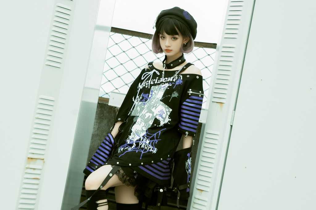 Jillpunk ビジュアル系 パンクロック バンギャ 兄系 囚われの愛 十字架ボーダー柄 アシンメトリー アームカバー チョーカー付き 変形カットソー 半袖Tシャツ メンズ レディーズ ファッション おしゃれ男女兼用カッコいい