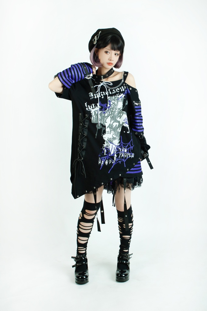 Jillpunk ビジュアル系 パンクロック バンギャ 兄系 囚われの愛 十字架ボーダー柄 アシンメトリー アームカバー チョーカー付き 変形カットソー 半袖Tシャツ メンズ レディーズ ファッション おしゃれ男女兼用カッコいい