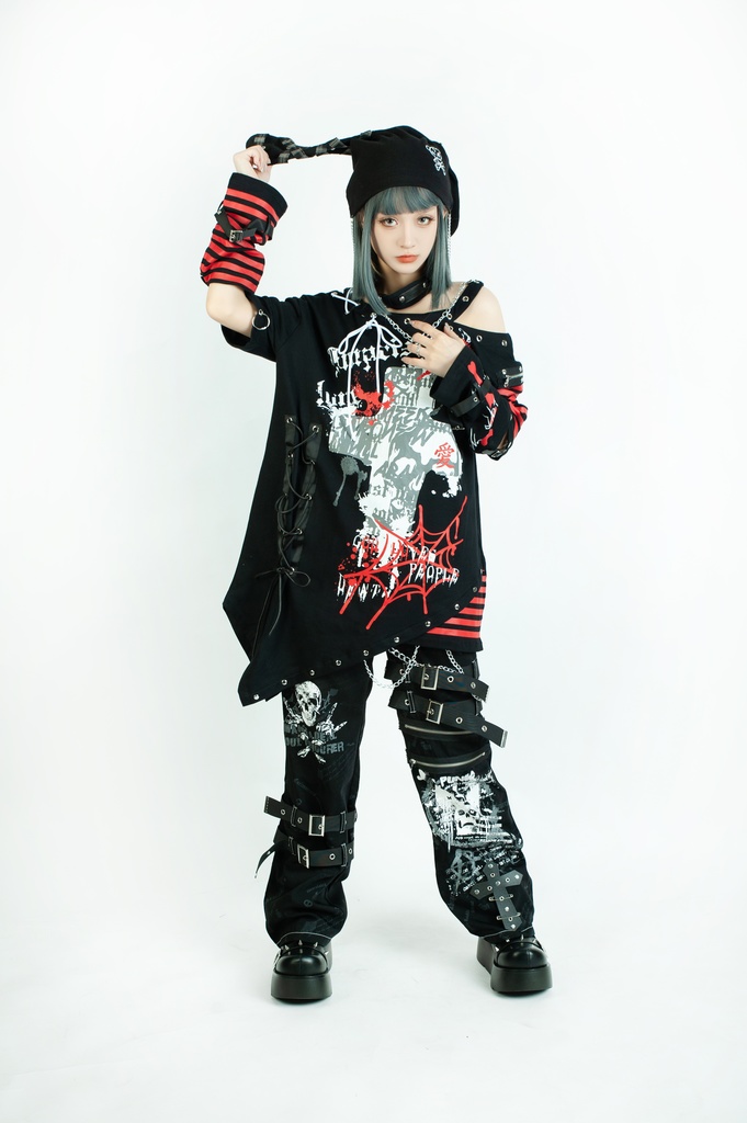 Jillpunk ビジュアル系 パンクロック バンギャ 兄系 囚われの愛 十字架ボーダー柄 アシンメトリー アームカバー チョーカー付き 変形カットソー 半袖Tシャツ メンズ レディーズ ファッション おしゃれ男女兼用カッコいい