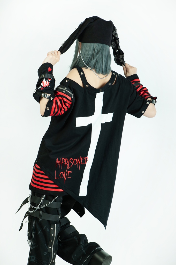 Jillpunk ビジュアル系 パンクロック バンギャ 兄系 囚われの愛 十字架ボーダー柄 アシンメトリー アームカバー チョーカー付き 変形カットソー 半袖Tシャツ メンズ レディーズ ファッション おしゃれ男女兼用カッコいい