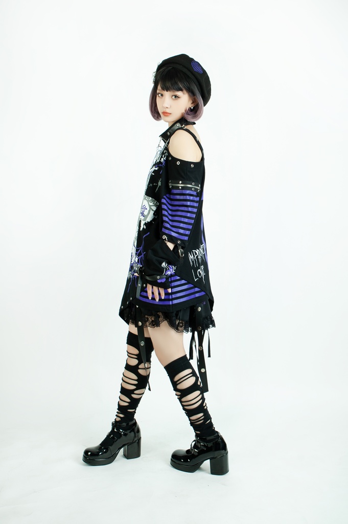 Jillpunk ビジュアル系 パンクロック バンギャ 兄系 囚われの愛 十字架ボーダー柄 アシンメトリー アームカバー チョーカー付き 変形カットソー 半袖Tシャツ メンズ レディーズ ファッション おしゃれ男女兼用カッコいい