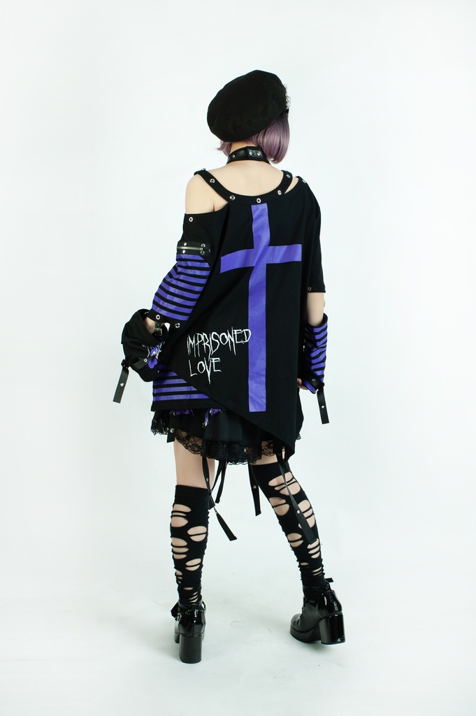 Jillpunk ビジュアル系 パンクロック バンギャ 兄系 囚われの愛 十字架ボーダー柄 アシンメトリー アームカバー チョーカー付き 変形カットソー 半袖Tシャツ メンズ レディーズ ファッション おしゃれ男女兼用カッコいい