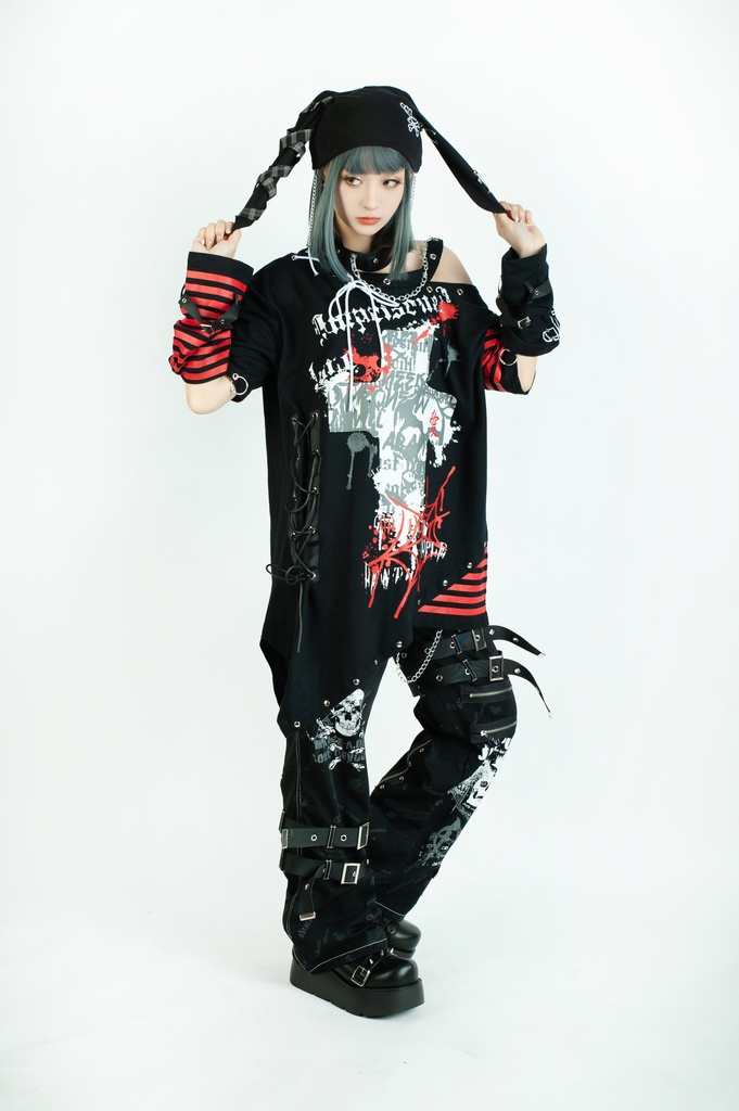 Jillpunk ビジュアル系 パンクロック バンギャ 兄系 囚われの愛 十字架ボーダー柄 アシンメトリー アームカバー チョーカー付き 変形カットソー 半袖Tシャツ メンズ レディーズ ファッション おしゃれ男女兼用カッコいい