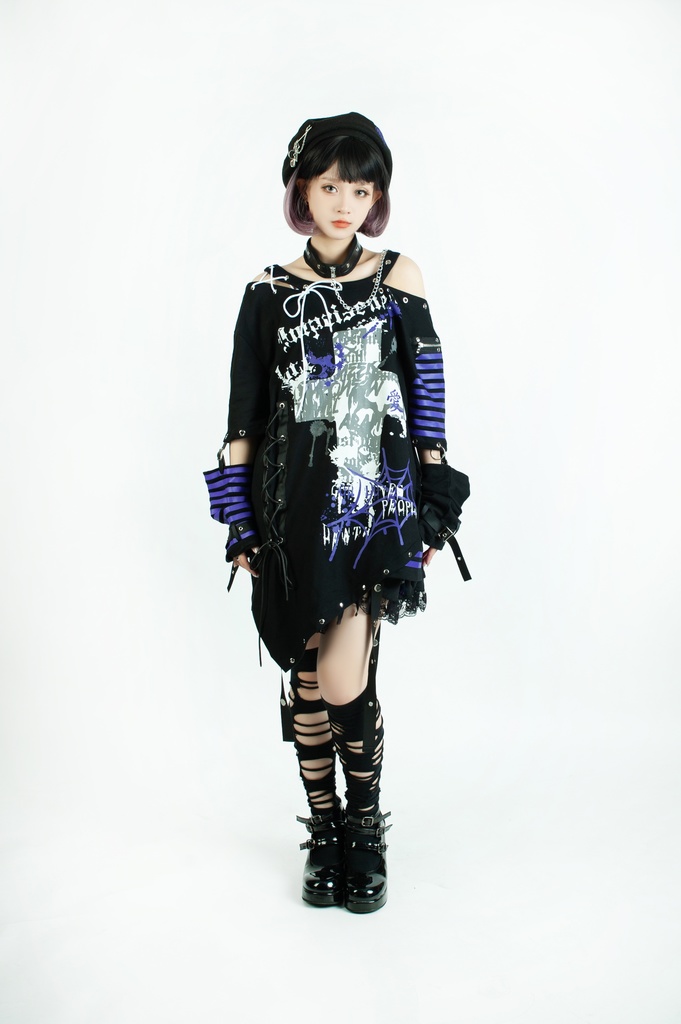 Jillpunk ビジュアル系 パンクロック バンギャ 兄系 囚われの愛 十字架ボーダー柄 アシンメトリー アームカバー チョーカー付き 変形カットソー 半袖Tシャツ メンズ レディーズ ファッション おしゃれ男女兼用カッコいい