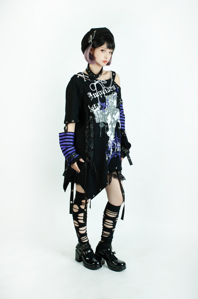 Jillpunk ビジュアル系 パンクロック バンギャ 兄系 囚われの愛 十字架ボーダー柄 アシンメトリー アームカバー チョーカー付き 変形カットソー 半袖Tシャツ メンズ レディーズ ファッション おしゃれ男女兼用カッコいい